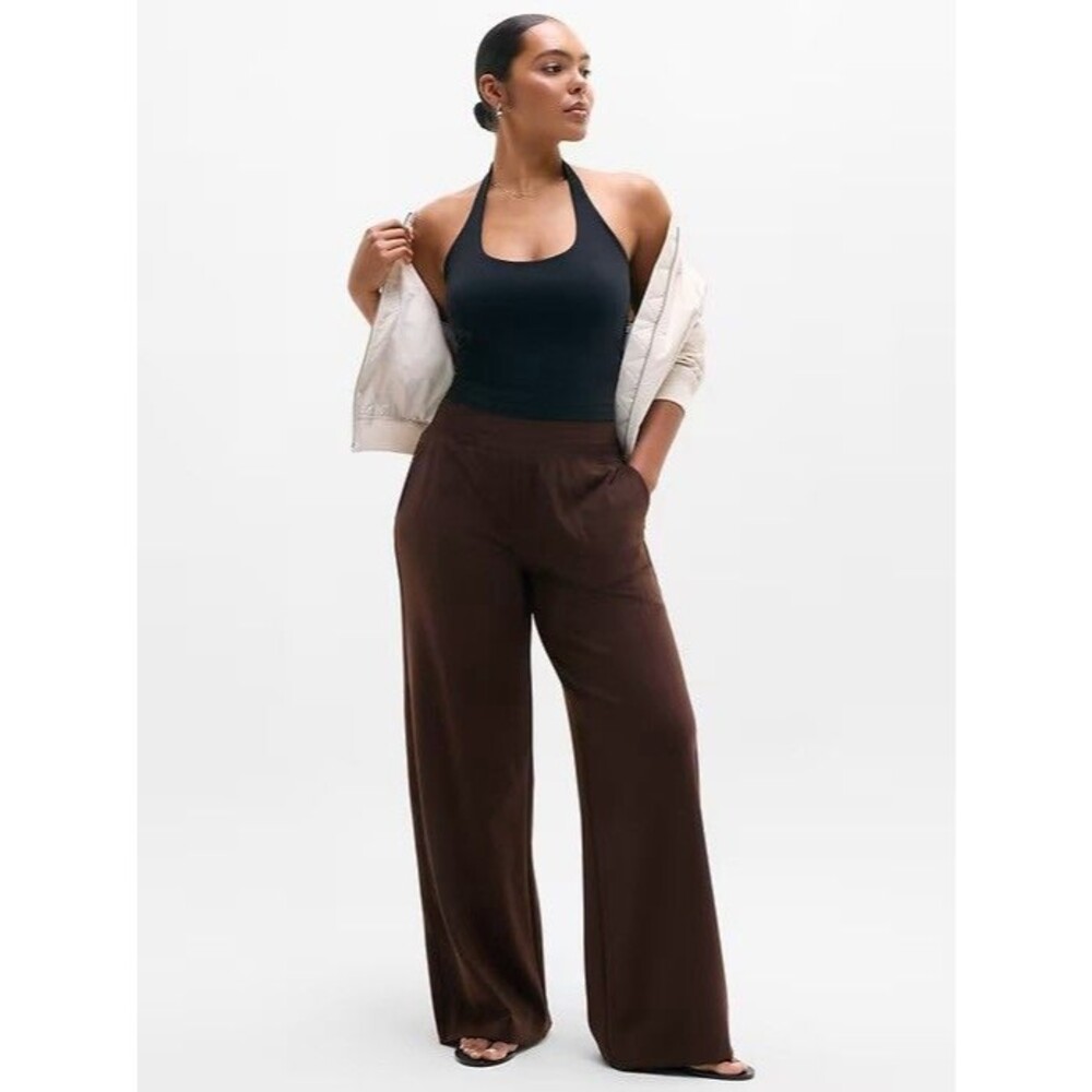 NWT Athleta Venice High Rise Wide Leg Pant Woodland Brown Large Petite UPF 40